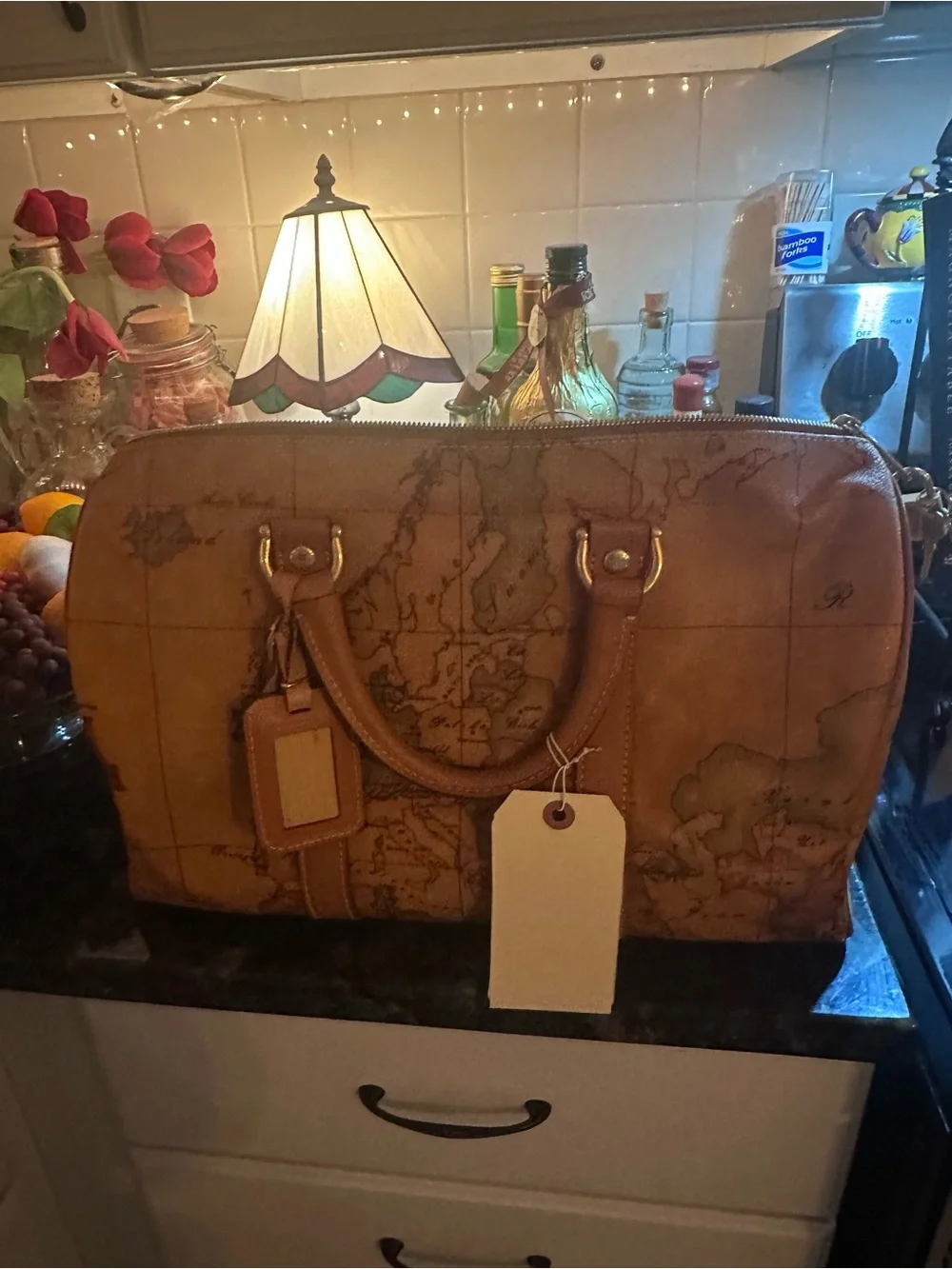 Alviero Martini Vintage Map-Print Tan Leather Travel bag Holdall